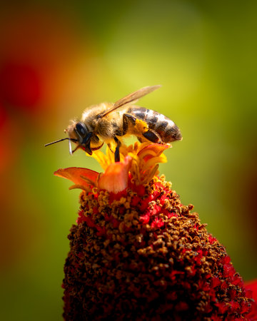 Pollinating bee landed on red flower, close-up photo of a bumblebeeの写真素材