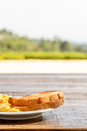 Plate with toast and eggs, on a rustic wooden table. Horizontal photo with space for textの写真素材
