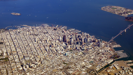 SAN FRANCISCO, USA - OCTOBER 4th, 2014: an aerial view of golden gate bridge and downtown sf, taken from a plane.の写真素材