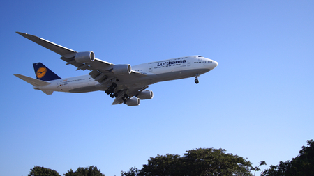 LOS ANGELES, CALIFORNIA, USA - OCT 9th, 2014: Lufthansa Boeing 747-8 MSN 37839 D-ABYP shown shortly before landing at the LA Airport LAX.のeditorial素材