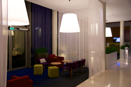 OSLO, NORWAY- JAN 20th, 2017: Lounge area of a hotel. Fragment of the lobby. Interior design, airport hotel, Park Innのeditorial素材