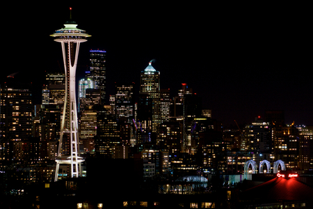 SEATTLE, WASHINGTON, USA - JAN 23rd, 2017: Night Cityscape of Seattle Skyline with Dark Sky Background for Building Lights, panorama seen from Kerry Park, Space Needle in focusのeditorial素材