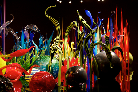 SEATTLE, WASHINGTON, USA - JAN 23rd, 2017: Blown glass in abstract shapes of flowers in red and yellow, Exhibit by American Artist Dale Chihuly at Chihuly Garden and Glass Museumのeditorial素材