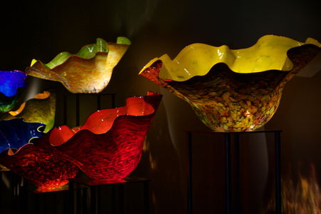 SEATTLE, WASHINGTON, USA - JAN 24th, 2017: Blown glass in abstract shapes in red and yellow, Chihuly Garden and Glass Museumのeditorial素材