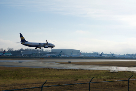 EVERETT, WASHINGTON, USA - JAN 26th, 2017: A brand new Ryanair Boeing 737-800 Next Gen MSN 44766, Registration EI-FTP returns from a successful test flight, landing at Snohomish County Airport or Paine Fieldのeditorial素材