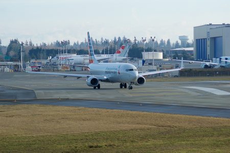 EVERETT, WASHINGTON, USA - JAN 26th, 2017: A brand new American Airlines Boeing 737-800 Next Gen MSN 31258, Registration N309PC returns from a successful test flight, landing at Snohomish County Airport or Paine Fieldのeditorial素材