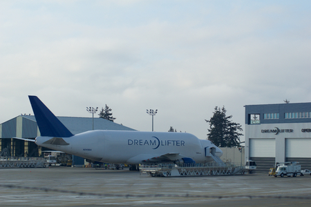 EVERETT, WASHINGTON, USA - JAN 26th, 2017: Boeing 747 Dreamlifter parking at Snohomish County Airport or Paine Field. The Dreamlifter is used exclusively to transport 787 Dreamliner parts to the Boeing factoryのeditorial素材