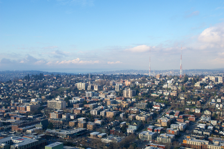 SEATTLE, WASHINGTON, USA - JAN 23rd, 2017: skyline of downtown Seattle, view from the top of the Space Needle during a cloudy dayのeditorial素材