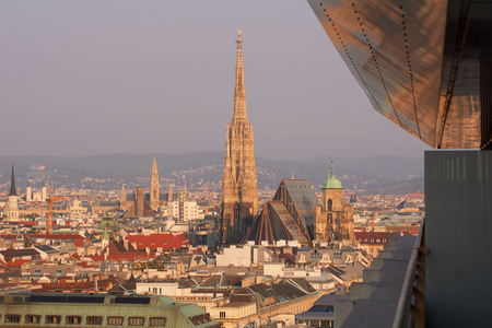 VIENNA, AUSTRIA - APR 29th, 2017: Beautiful view of famous St. Stephen's Cathedral Wiener Stephansdom at Stephansplatz in the early morning from a near by Hotel, aerial view.のeditorial素材