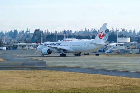 EVERETT, WASHINGTON, USA - JAN 26th, 2017: Brand new Japan Airlines Boeing 787-9 MSN 34843, Registration JA867J lining up for takeoff for a test flight at Snohomish County Airport or Paine Fieldのeditorial素材