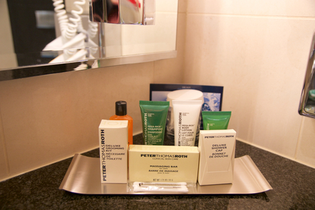 VIENNA, AUSTRIA - APR 28th, 2017: Hotel Amenities shower bath and soap, actual photography in hotel environment at a Penthouse Suite by Hiltonのeditorial素材