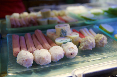 SINGAPORE - JULY 23rd, 2016: Street food, showcase of restaurant. Fried meat with vegetables at Lau Pa Sat Festival Marketのeditorial素材