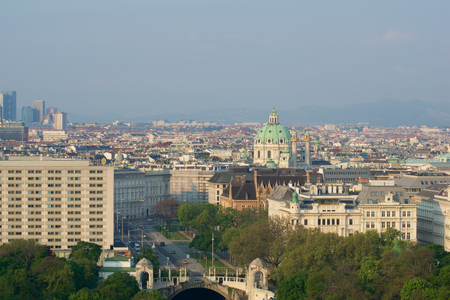 VIENNA, AUSTRIA - APR 29th, 2017: Early morning view of Stadtpark Vienna City Park from the balcony of the Hilton Vienna Hotel. Since year 1862 - biggest park area in the city centreのeditorial素材