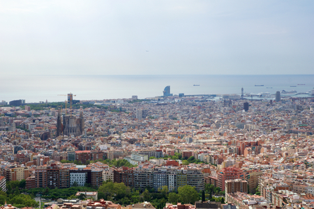 BARCELONA, SPAIN - AUG 30th, 2017: wide angle of barcelona shot from the bunkers de carmel offering amazing panoramic views over the city skylineのeditorial素材