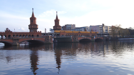 BERLIN, GERMANY - JAN 17th, 2015: historical Oberbaum bridge Oberbaumbruecke and the river Spree