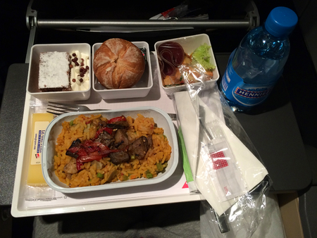 ZURICH, SWITZERLAND - MAR 31st, 2015: In flight hot meal of SWISS international airline in economy class, dinner mealのeditorial素材