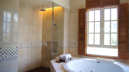 PULAU LANGKAWI, MALAYSIA - APR 4th 2015: Luxury hotel suite bathroom interior with hot tubのeditorial素材