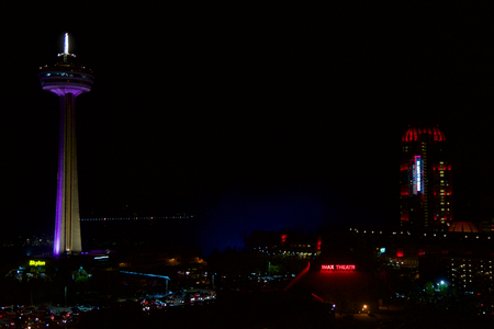NIAGARA FALLS, ONTARIO, CANADA - MAY 21st 2018: The Skylon Tower, Casino and hotels at Niagara Falls at nightのeditorial素材