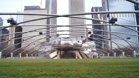 CHICAGO, ILLINOIS, UNITED STATES - DEC 12th, 2015: Downtown skyline view from Jay Pritzker Pavilion theatre at the millenium parkのeditorial素材