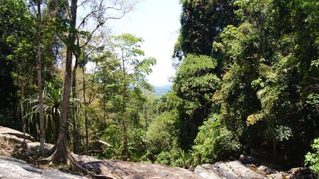 KEDAH, LANGKAWI, MALAYSIA - APR 07th, 2015: Durian Perangin waterfall on tropical island in Malaysia.のeditorial素材