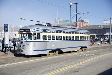 SAN FRANCISCO, CALIFORNIA, UNITED STATES - NOV 25th, 2018: Historic silver street car transporting...