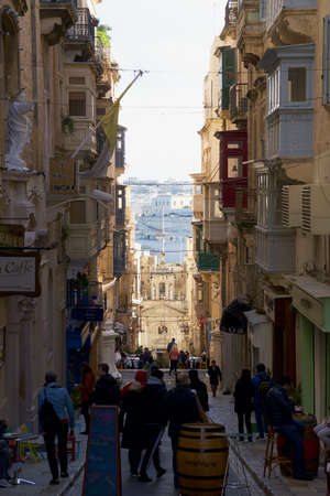 VALLETTA, MALTA - DEC 31st, 2019 Typical Maltese buildings with gallarija, traditional enclosed wooden balconiesのeditorial素材
