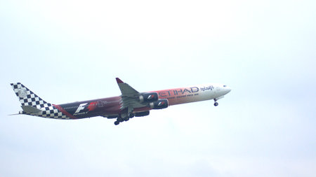 MUNICH, GERMANY - 11 OCTOBER 2015: Etihad Airways Airbus A340 take off at airport