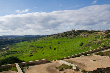 MARSAXLOKK, MALTA - 01 JAN, 2020: Panoramic view into a green valley on the island of Malta with ruin in the foreground and green terracesのeditorial素材