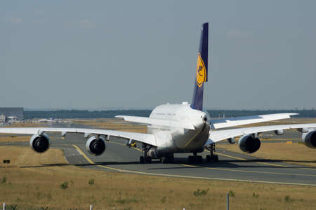 FRANKFURT, GERMANY - 09 JUL, 2017: Lufthansa Airbus A380 taxiing on the apron of Frankfurt Airport...
