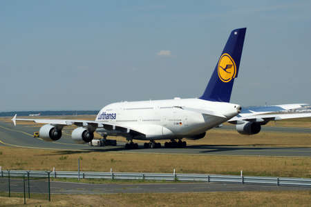 FRANKFURT, GERMANY - 09 JUL, 2017: Lufthansa Airbus A380 taxiing on the apron of Frankfurt Airport FRAのeditorial素材