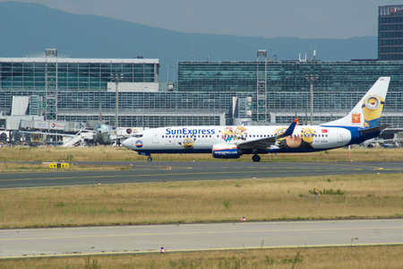 FRANKFURT, GERMANY - 09 JUL, 2017: SunExpress Boeing 737-800 registration TC-SOH aircraft with comic book livery at Frankfurt Airportのeditorial素材