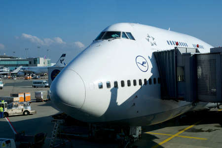 FRANKFURT, GERMANY - 03 NOV 2017: Lufthansa Boeing 747-400 parked at the gate at Frankfurt international airport, ready for passengers to board the planeのeditorial素材