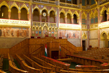 BUDAPEST, HUNGARY - 03 MAR 2019: Interior of the Budapest Parliament building and the meeting room of the Hungarian government with a lot of wood applicationsのeditorial素材