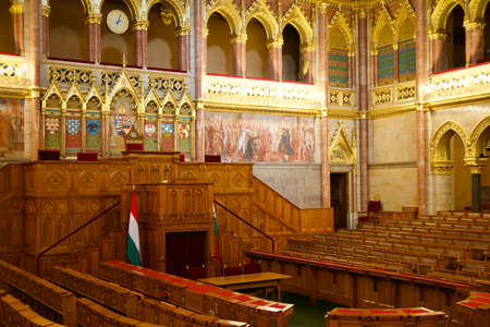 BUDAPEST, HUNGARY - 03 MAR 2019: Interior of the Budapest Parliament building and the meeting room of the Hungarian government with a lot of wood applicationsのeditorial素材