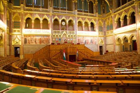 BUDAPEST, HUNGARY - 03 MAR 2019: Interior of the Budapest Parliament building and the meeting room of the Hungarian government with a lot of wood applicationsのeditorial素材