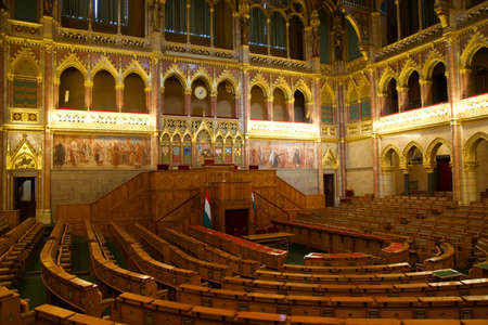 BUDAPEST, HUNGARY - 03 MAR 2019: Interior of the Budapest Parliament building and the meeting room of the Hungarian government with a lot of wood applicationsのeditorial素材