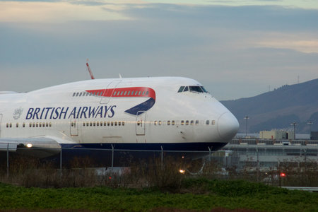 SAN FRANCISCO, CALIFORNIA, UNITED STATES - NOVEMBER 27, 2018: British Airways Boeing 747-400 jumbo jet in close-up on tarmac en route to take-off at San Francisco International Airport bound for Londonのeditorial素材