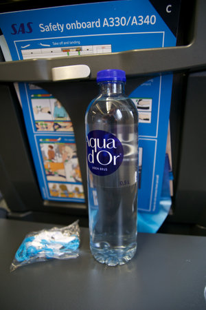 COPENHAGEN, DENMARK - NOV 24, 2018: Bottle of water as a service in Economy Class on a long-haul flight to San Franciscoのeditorial素材