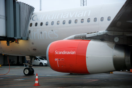 COPENHAGEN, DENMARK - NOV 24, 2018: Airbus A320 from SAS Scandinavian Airlines at the gate close-up photo of the red engineのeditorial素材