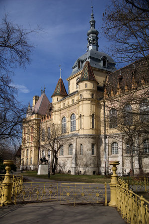 BUDAPEST, HUNGARY - 04 MAR 2019: The famous Vajdahunyad Castle in the City Park of Budapest.のeditorial素材