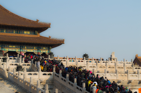 People Climbing Stairs inside the Forbidden City during the Chinese New Year, Beijing, Chinaのeditorial素材