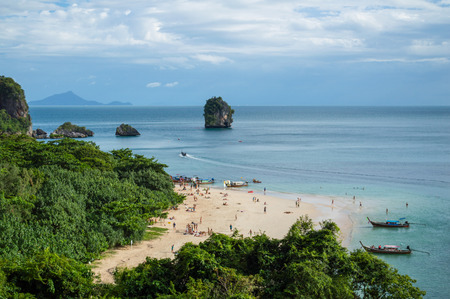 Lime Stone Formations and Beach seen from a Cave, Phra Nang, Railay Beach, Krabi, Thailandの写真素材