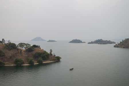 Hiking around Lake Kivu with View onto Peninsula and Islands, Kibuye, Rwandaの写真素材