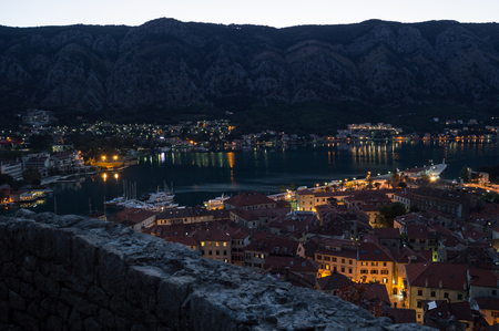 Panorama of Kotor Old Town Seen from Lookout at Dusk, Montenegroの写真素材