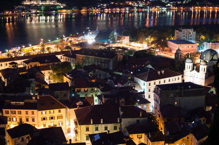 Panorama of Kotor Old Town Seen from Lookout at Dusk, Montenegroの写真素材