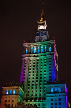 Palace of Culture and Science Illuminated in the Nighttime in Warsaw, Polandのeditorial素材
