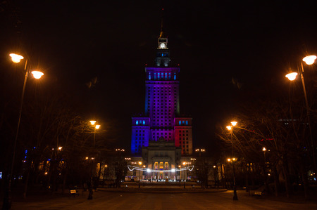 Palace of Culture and Science Illuminated in the Nighttime in Warsaw, Polandのeditorial素材