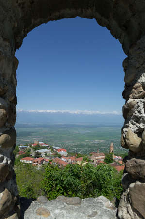 Panorama of Sighnaghi and Caucasus Mountains, Georgiaの写真素材