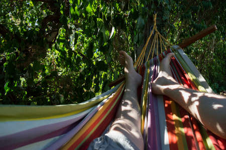 Lying in a Hammock in a Garden in Germanyの写真素材