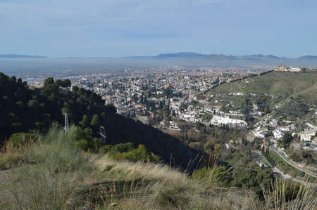 Panorama of Granada and Sacromonte Hill with City Wall seen from Dehesa del Generalife, Spainの写真素材